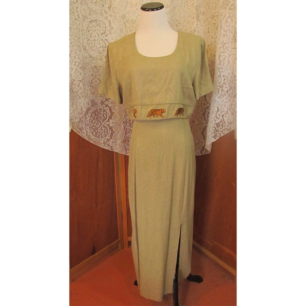 Vintage Miss Scarlett BOHO Khaki Green w/Embroidered Tigers Party/Office Dress